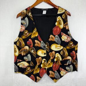 Vintage Saddle River L Western Cowboy Hat Print Vest Novelty Retro 90s Kitsch
